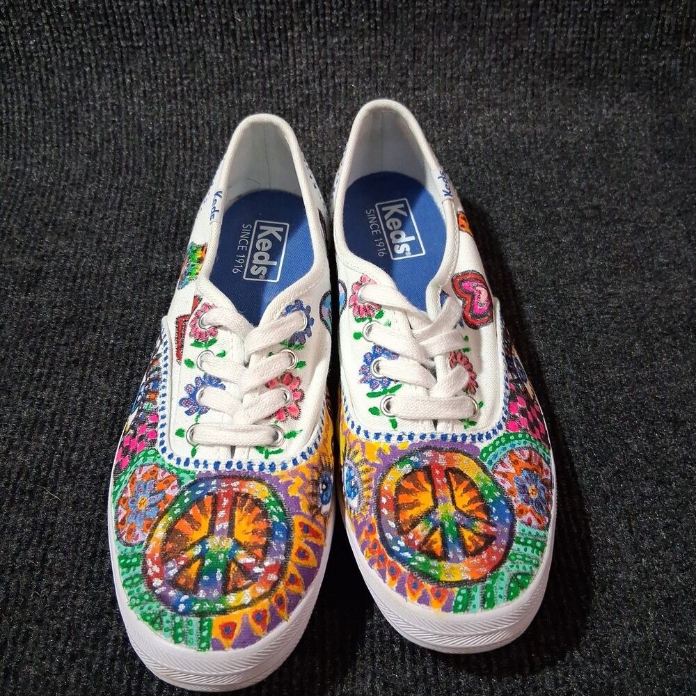 Unique Hand-Painted Keds Sneaker Art Peace Mushroom Floral Boho Hippie 8.5 - Picture 3 of 11